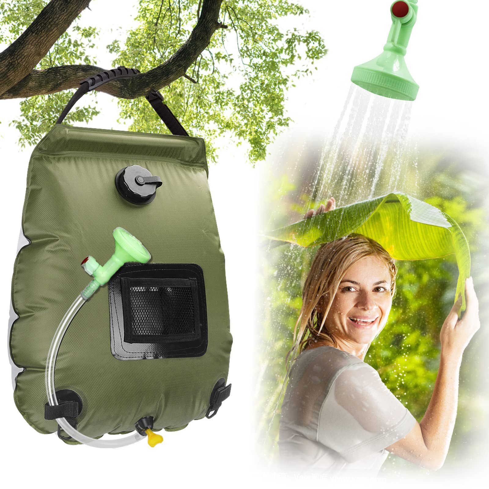 Solar Portable Shower Bag, 5 Gal/20L Solar Heating Camping Shower Bag with Removable Hose&On-Off Switchable Shower Head, Compact Camping Shower green