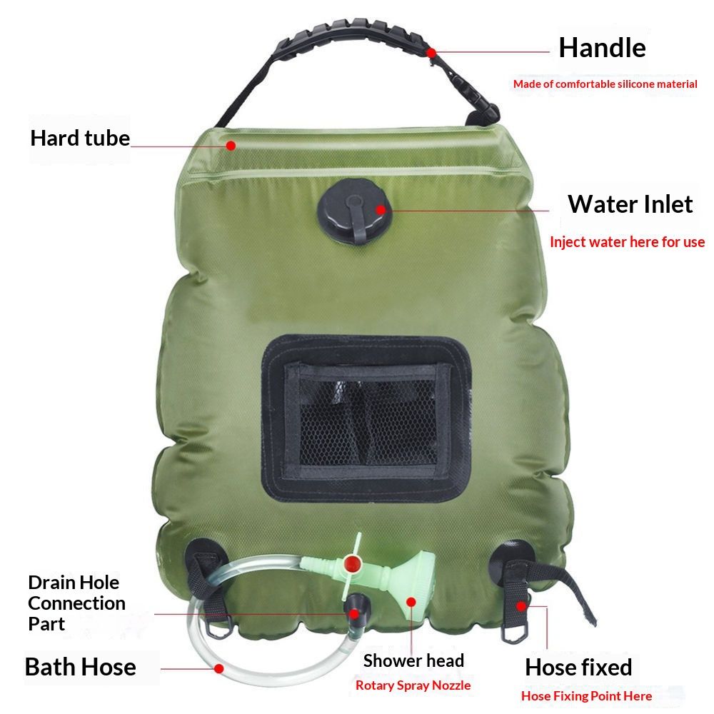 Solar Portable Shower Bag, 5 Gal/20L Solar Heating Camping Shower Bag with Removable Hose&On-Off Switchable Shower Head, Compact Camping Shower green