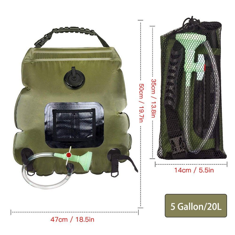 Solar Portable Shower Bag, 5 Gal/20L Solar Heating Camping Shower Bag with Removable Hose&On-Off Switchable Shower Head, Compact Camping Shower green