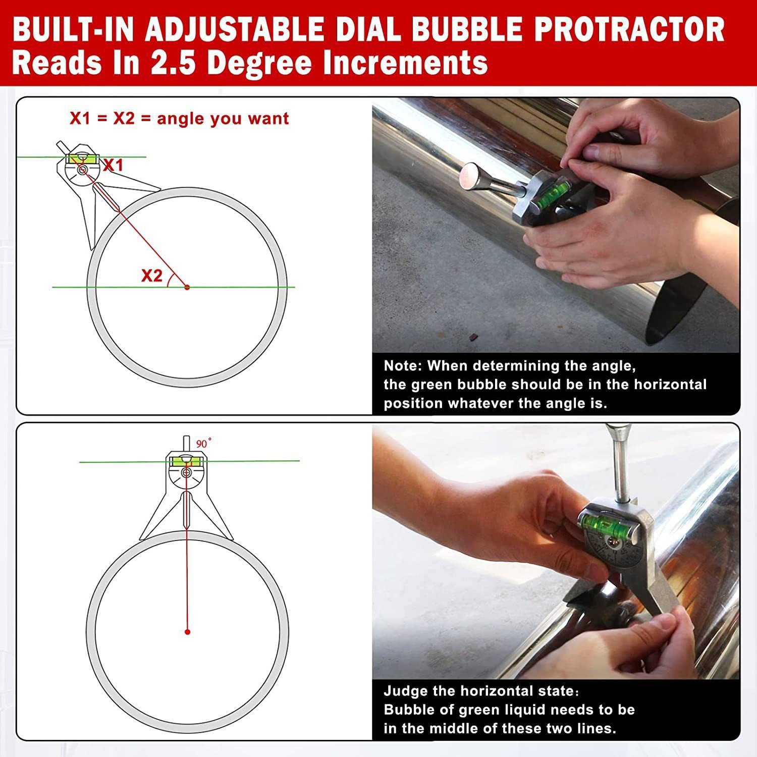 Upgraded Pipe Center Finder, Measure Pipe Diameter, Pipefitter Tools With Centering Head, Measure Pipe Diameter Over 0.5" & up With 4" Y-Type Base and Adjustable Dial Bubble Protractor