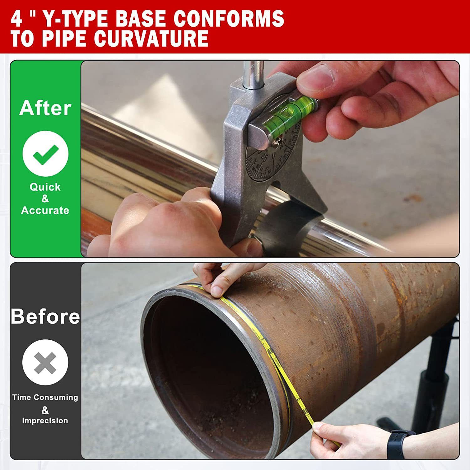 Upgraded Pipe Center Finder, Measure Pipe Diameter, Pipefitter Tools With Centering Head, Measure Pipe Diameter Over 0.5" & up With 4" Y-Type Base and Adjustable Dial Bubble Protractor