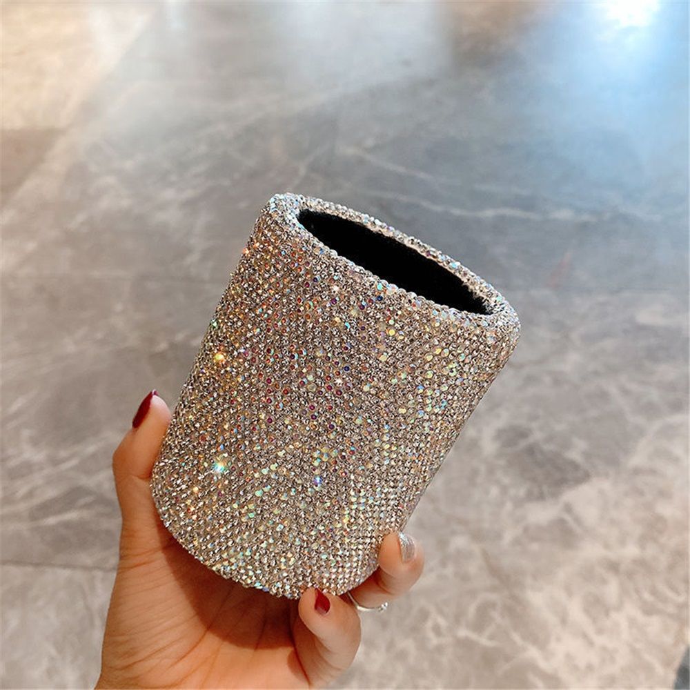 crystal Pencil Pen Pot Holder Box Bling Rhinestone Pen organizer Holder Cosmetic Pen Container Luxury diamond studded multi-purpose storage small round bucket