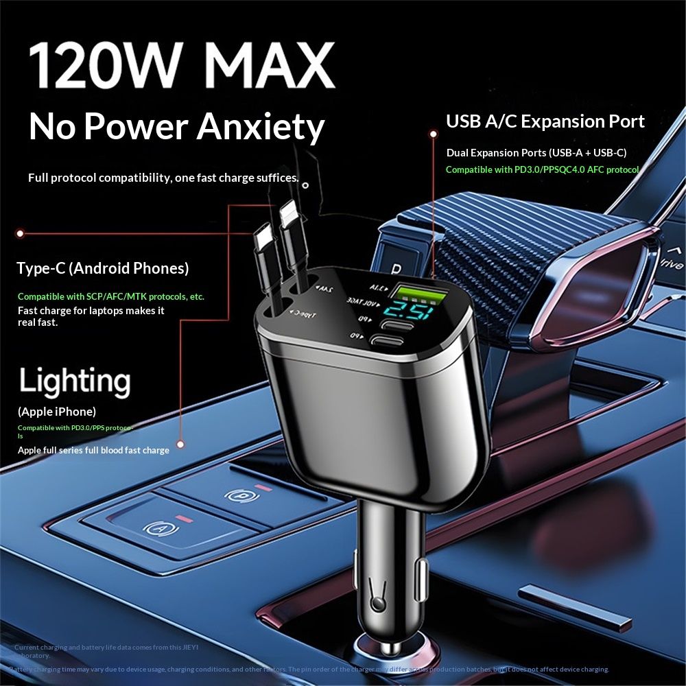 Retractable Car Charger,Car Phone Charger with Cables Fast Charging, USB C Car Charger Adapter , Black