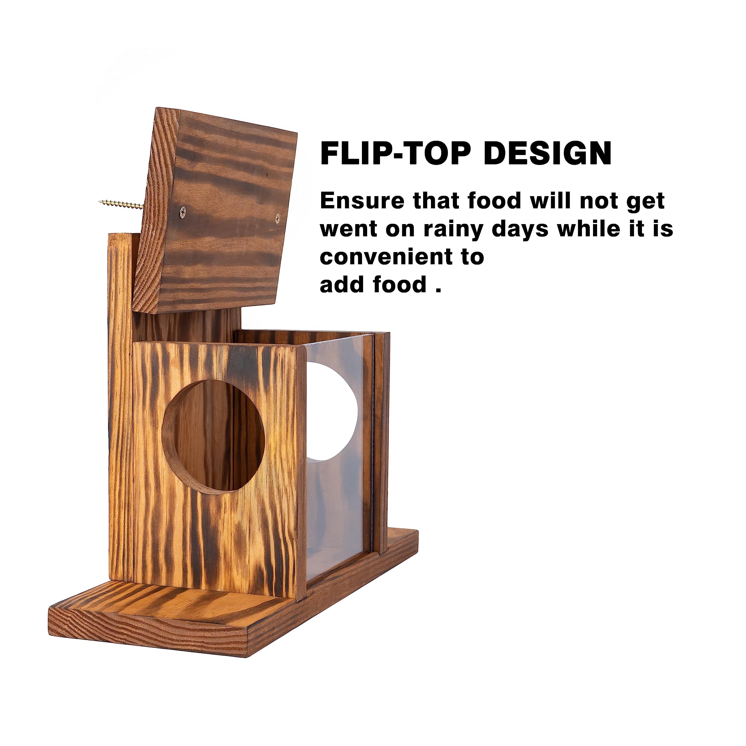 Wood Squirrel Feeder, Squirrel Feeders for Outside Winter, Wooden Chipmunk Feeder for Corn, Peanuts, Durable Box Easy to Fill with Removable Front Panel