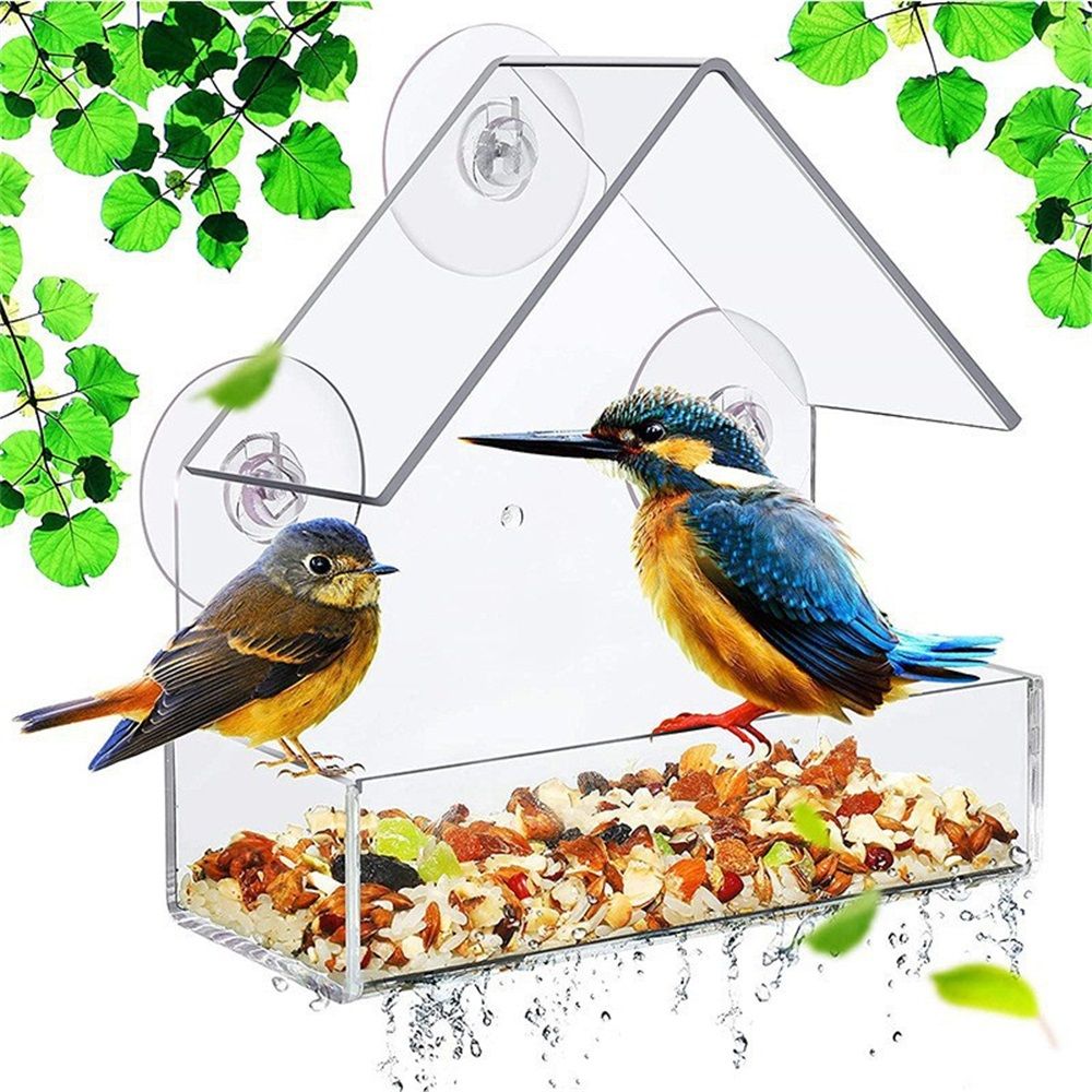 Ochine Window Bird House with Strong Suction Cup Wooden Birdhouse Clear Window Bird Feeder Outdoor Birds Nest Cage Outside Wild Easy Hanging Removable Tray with Holes