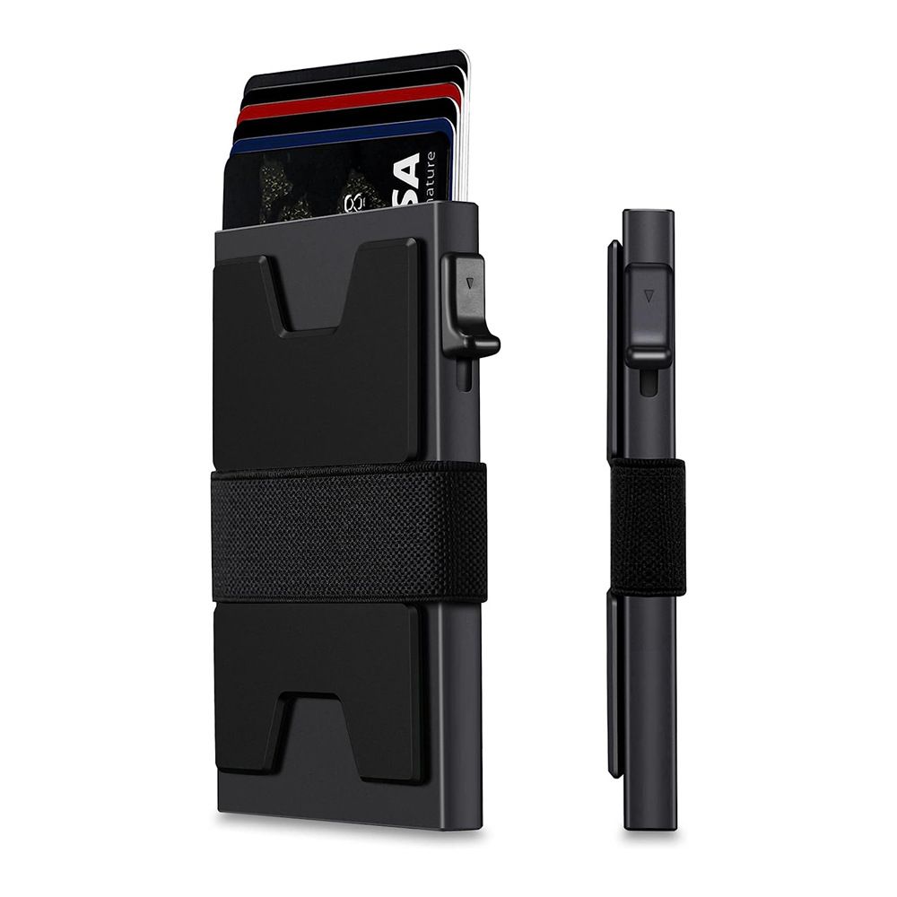 Slim Aluminum Card Holder Wallet for Men, Durable Expandable Backplate, RFID Blocking Minimalist Metal Pop Up Wallet, Holds 12+ Cards Plus Cash (Black+grey)