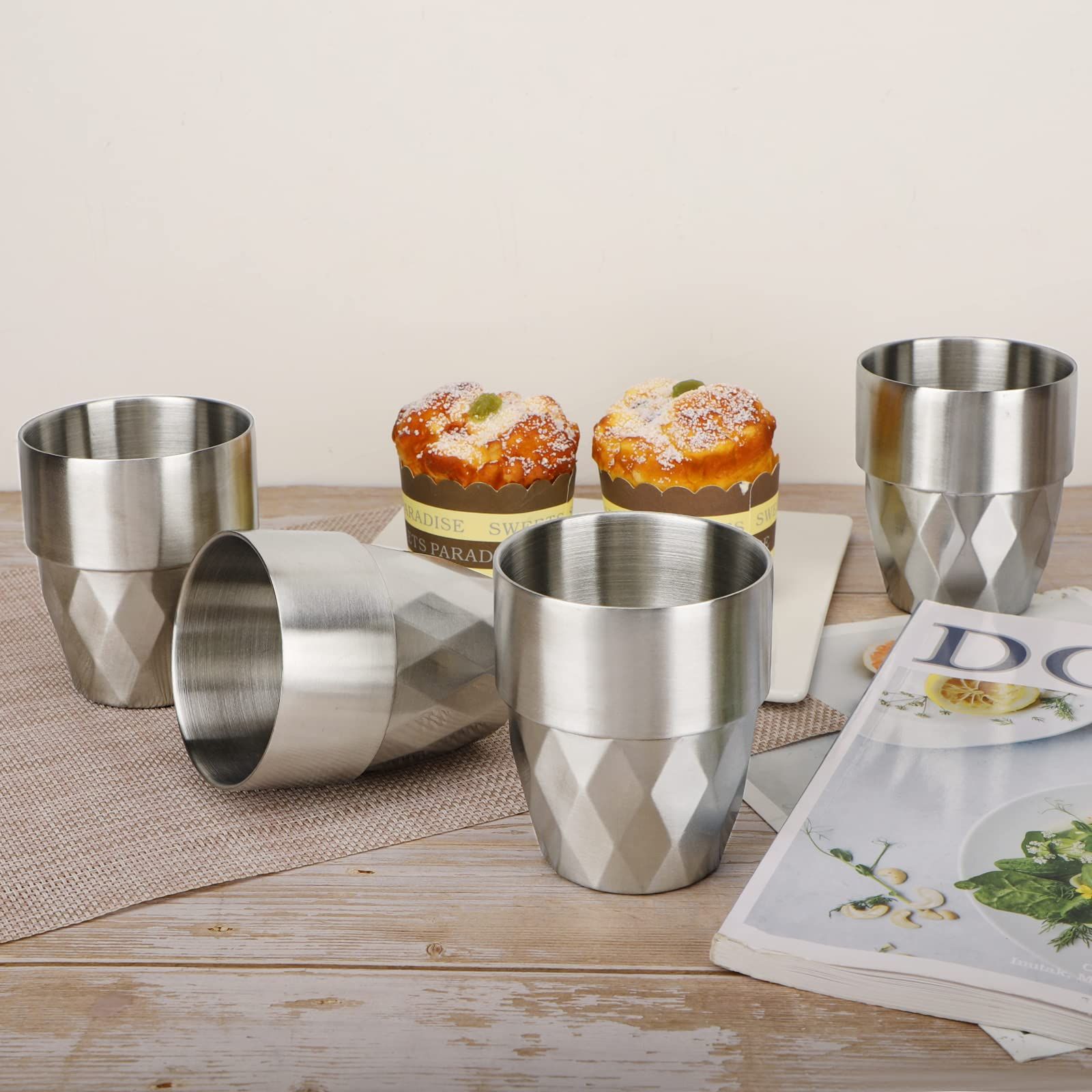 Stainless Steel Cup, 10 oz/300ml Set of 4 Stackable Stainless Steel Insulated Cups, Small Metal Cup Double Wall Tumbler Vacuum Metal Drinking Glasses for Home Restaurant Outdoors Camping Party