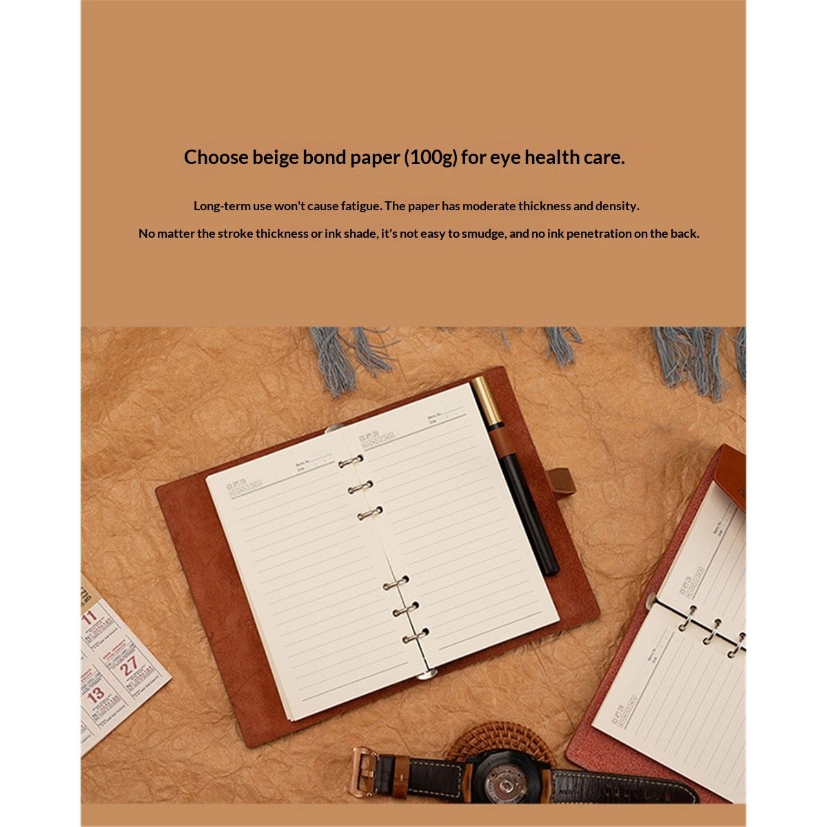 Refillable A5 Leather Binder Notebook, Reusable Leather Journal, Vintage Organizer with 6-Ring Binder, 160 Pages Lined Paper & Pocket, for Writers Business Work Study College and Daily, Light Brown