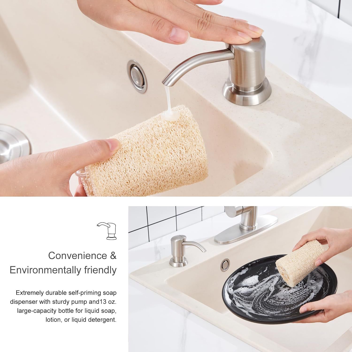 Built in Sink Soap Dispenser or Lotion Dispenser for Kitchen Sink, Brushed Nickel ABS Pump Head, with 17 Ounce Large PET Soap Bottle