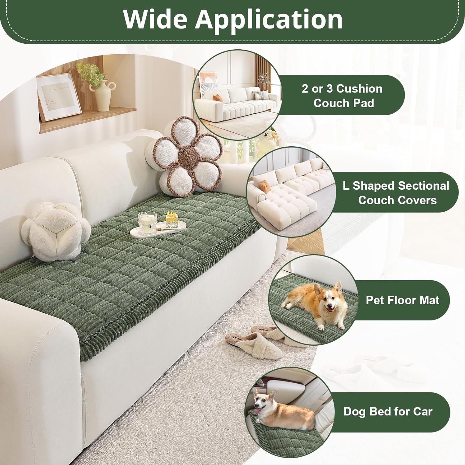 Pet Couch Cover Dogs Washable Non-Slip Couch Protector Pet Friendly Dog Mat for Couches and Sofas(27.6" x 59", Green)