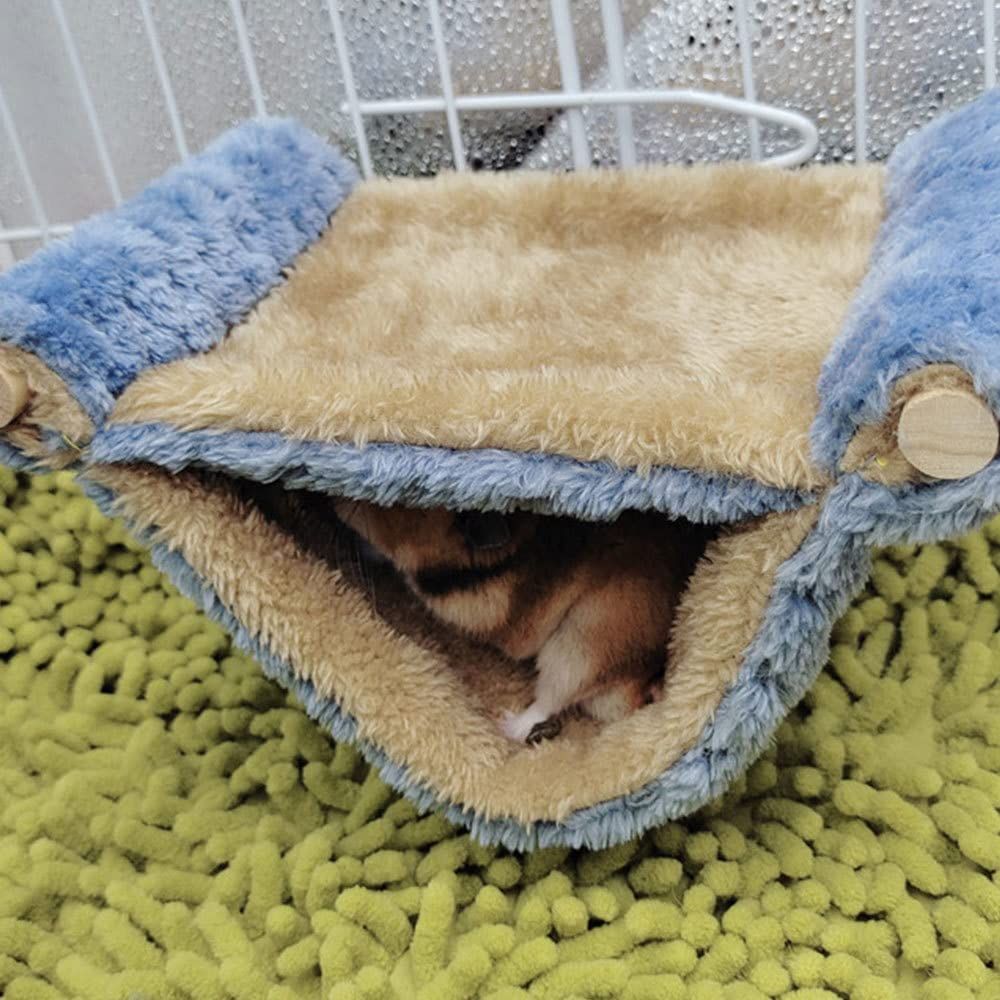 Winter Rat Hammock, Double Layer Hanging Birds Nest Bed with Warm Fleece, Bird Cage Stand Perch, Hideaway Cave Tent, Sleep Bed Cage Accessories for Rat, Guinea Pig, Chinchilla (Blue S)