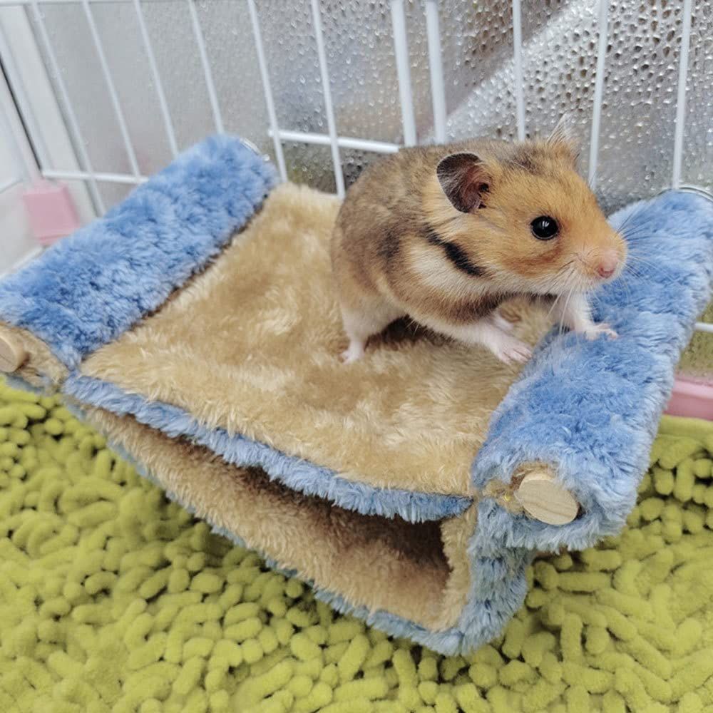 Winter Rat Hammock, Double Layer Hanging Birds Nest Bed with Warm Fleece, Bird Cage Stand Perch, Hideaway Cave Tent, Sleep Bed Cage Accessories for Rat, Guinea Pig, Chinchilla (Blue S)