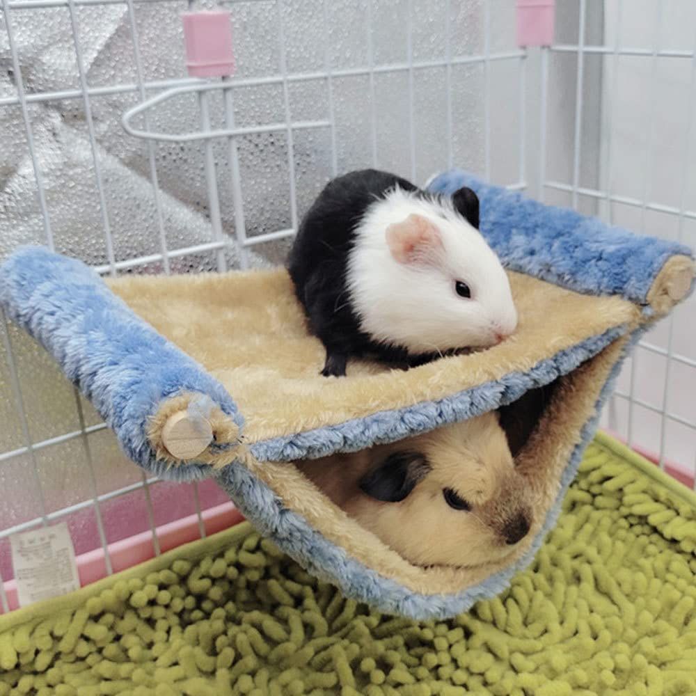 Winter Rat Hammock, Double Layer Hanging Birds Nest Bed with Warm Fleece, Bird Cage Stand Perch, Hideaway Cave Tent, Sleep Bed Cage Accessories for Rat, Guinea Pig, Chinchilla (Blue S)