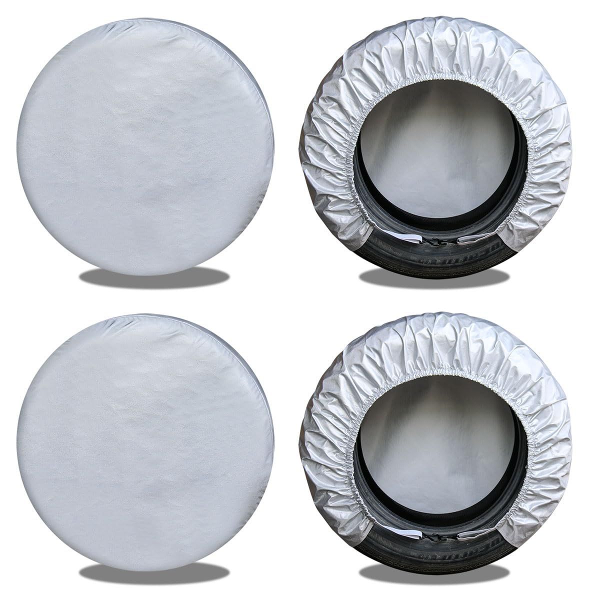Tire Covers 4 Pack, Travel Trailer Camper Truck SUV Motorhome Waterproof Wheel Cover, Sun Rain Snow Protector, Fit 24-26 Inch Tire Diameter/Silver