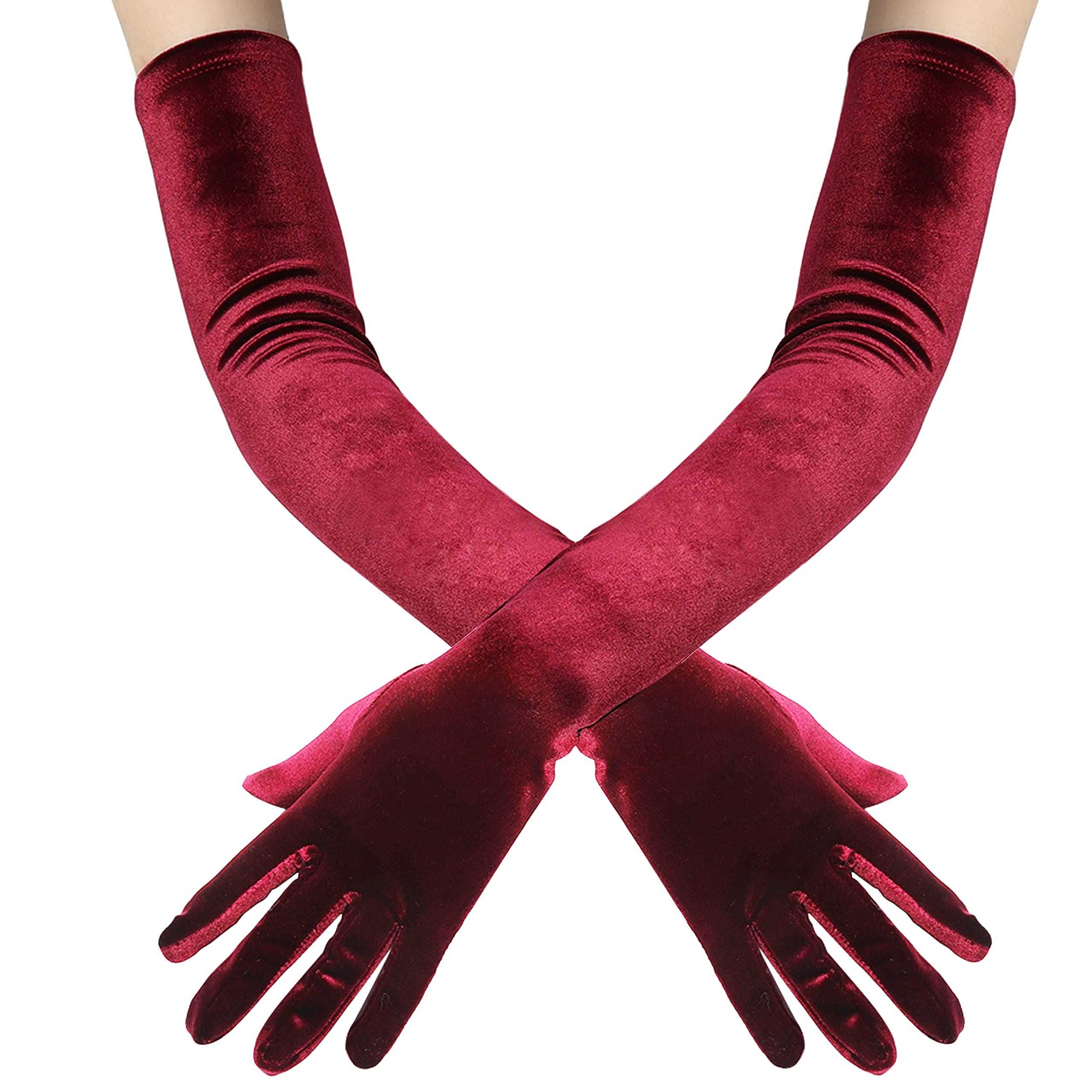 Long Velvet Gloves Women Touchscreen Stretchy Special Occasion Costume Evening Opera Gloves（Wine red color, length 53cm）