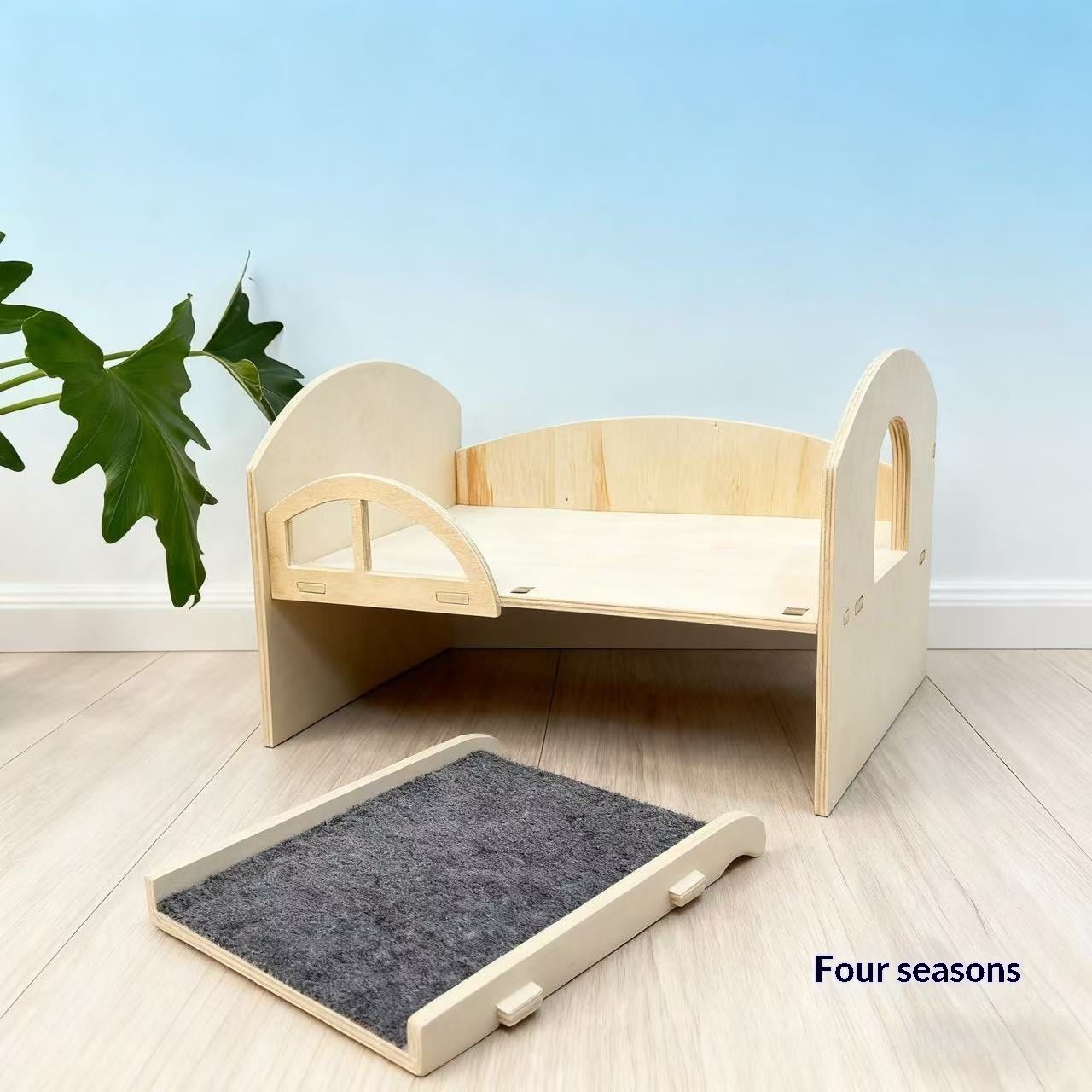 Wooden Guinea Pig Rabbit Bed with Stable Stairs & Mat Castle for Dwarf Rabbit Chinchillas Hamster Ferret for Fun（Right staircase）