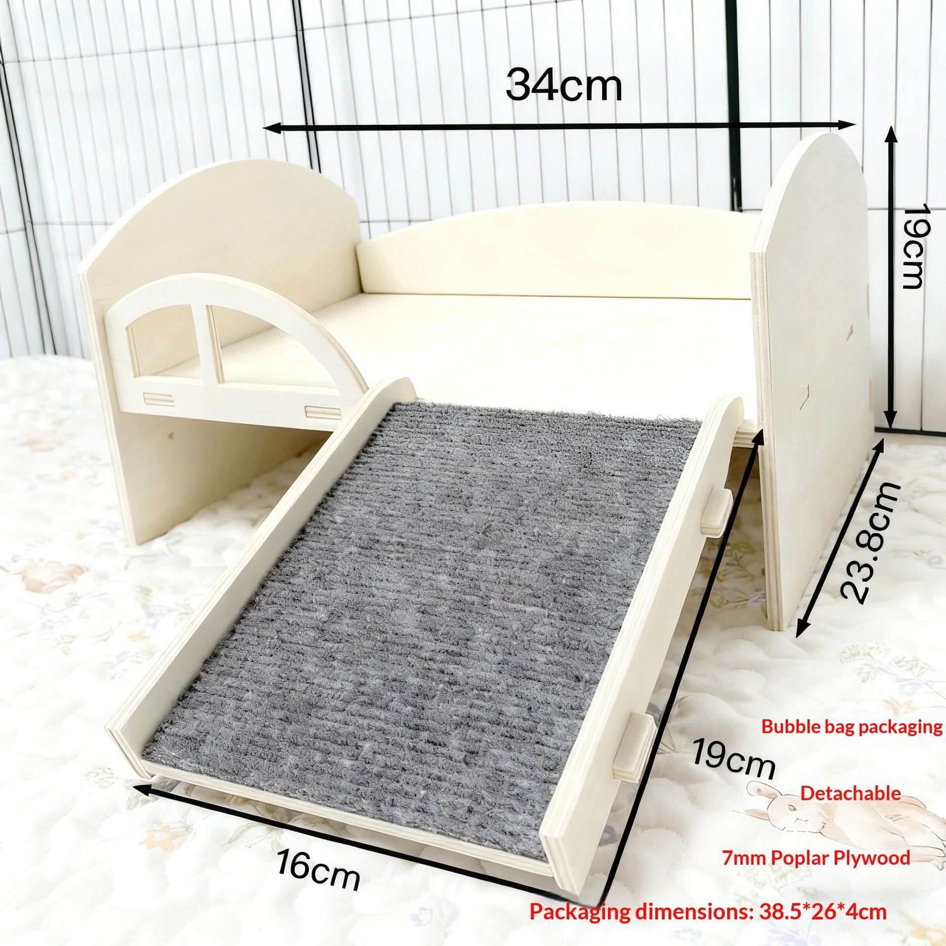 Wooden Guinea Pig Rabbit Bed with Stable Stairs & Mat Castle for Dwarf Rabbit Chinchillas Hamster Ferret for Fun（Right staircase）