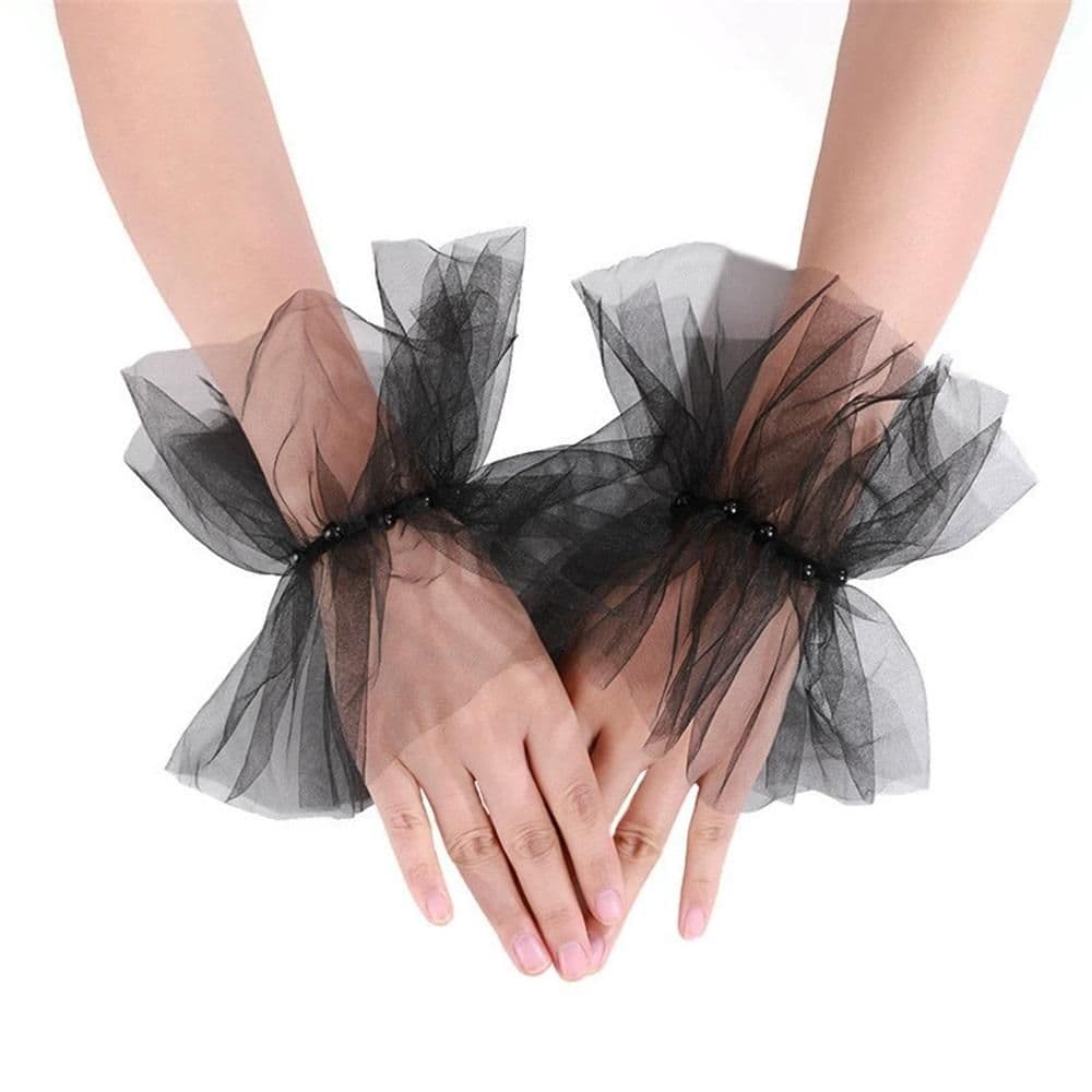 Mesh sleeves, European and American bridal gloves, dark black nail beads, fashionable Halloween accessories（black）