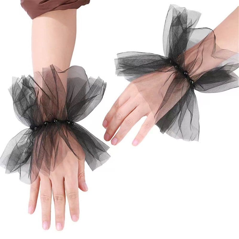 Mesh sleeves, European and American bridal gloves, dark black nail beads, fashionable Halloween accessories（black）