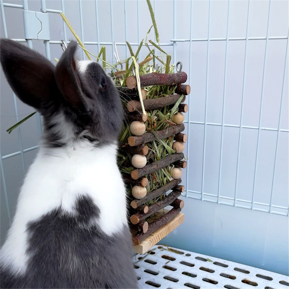 Hanging Apple Wood Rabbit Hay Feeder - Guinea Pig Grass Holder with 2 Hooks Biting Resistant Small Animals Chew Toy, Feeding Hay Manager Shelf （Add white bead style）