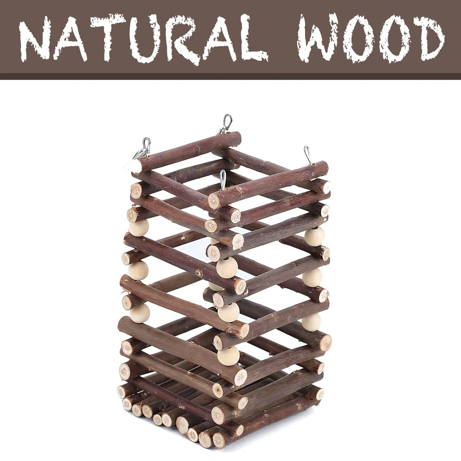 Hanging Apple Wood Rabbit Hay Feeder - Guinea Pig Grass Holder with 2 Hooks Biting Resistant Small Animals Chew Toy, Feeding Hay Manager Shelf （Add white bead style）