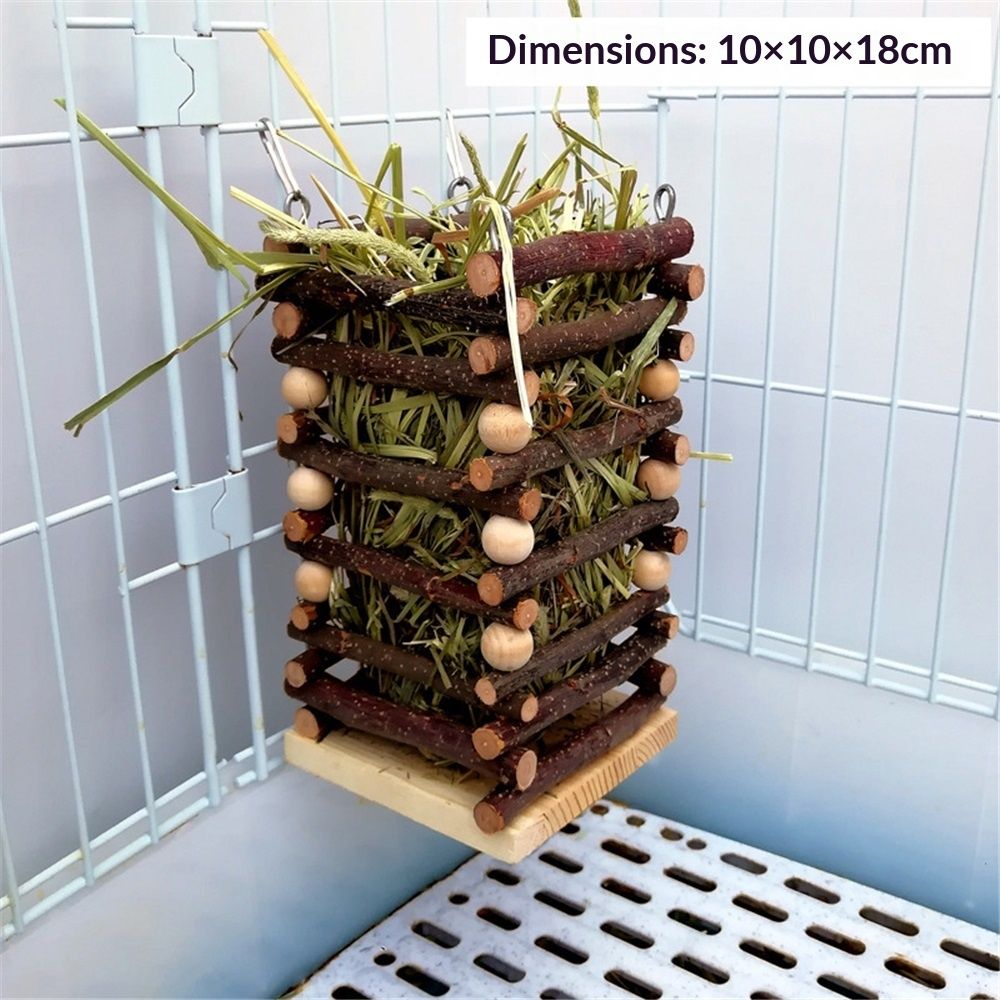 Hanging Apple Wood Rabbit Hay Feeder - Guinea Pig Grass Holder with 2 Hooks Biting Resistant Small Animals Chew Toy, Feeding Hay Manager Shelf （Add white bead style）