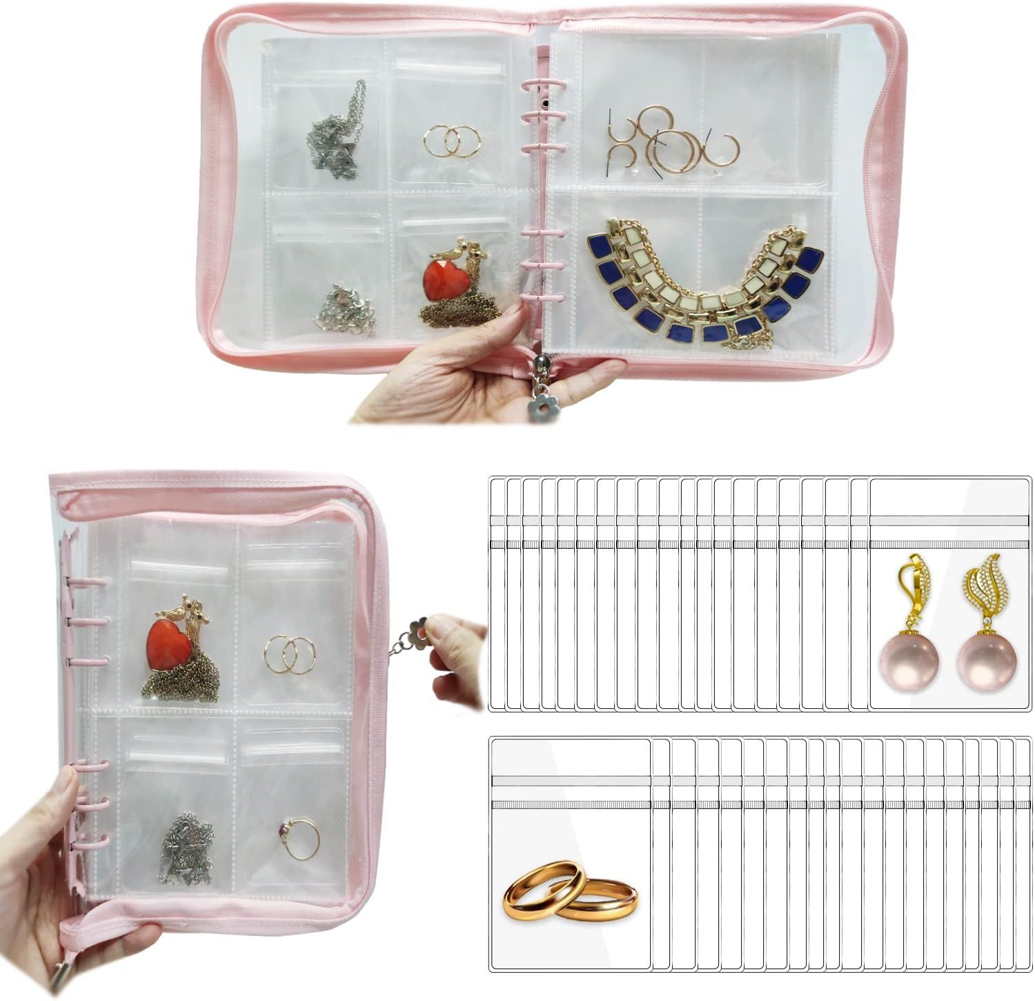 Bracelet Holder Travel Jewelry Organizer Case Transparent Jewelry Storage Book for Earring Necklace Ring with Small Clear Zippered Pouch（Pink 3-inch 4-grid+80 jewelry bags）