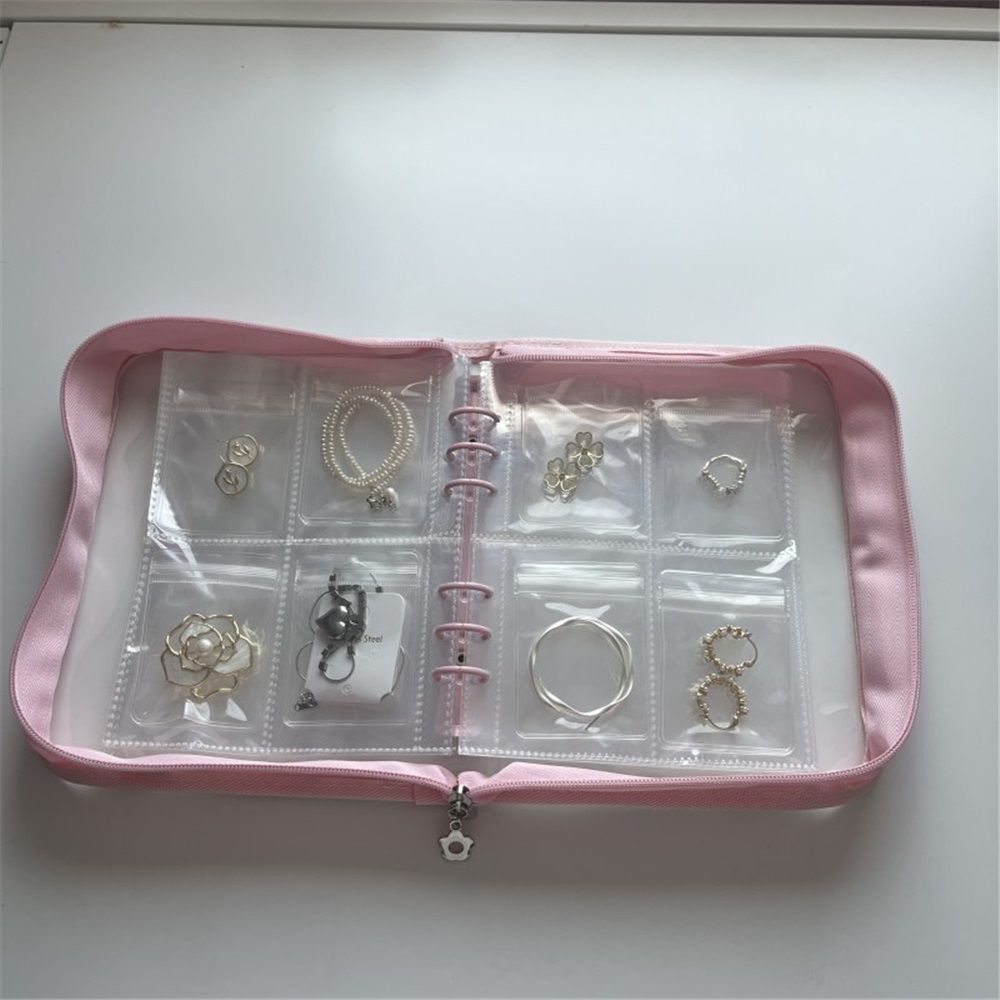 Bracelet Holder Travel Jewelry Organizer Case Transparent Jewelry Storage Book for Earring Necklace Ring with Small Clear Zippered Pouch（Pink 3-inch 4-grid+80 jewelry bags）
