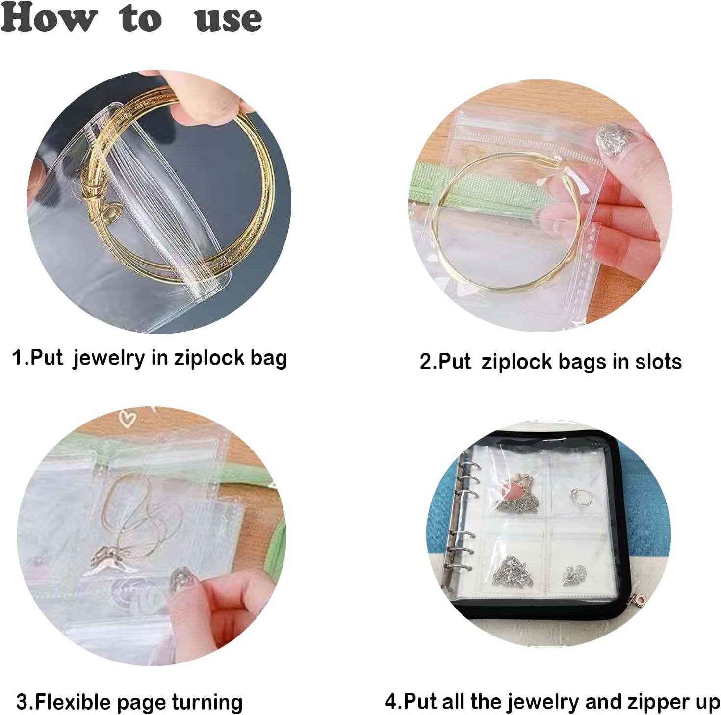 Bracelet Holder Travel Jewelry Organizer Case Transparent Jewelry Storage Book for Earring Necklace Ring with Small Clear Zippered Pouch（Pink 3-inch 4-grid+80 jewelry bags）