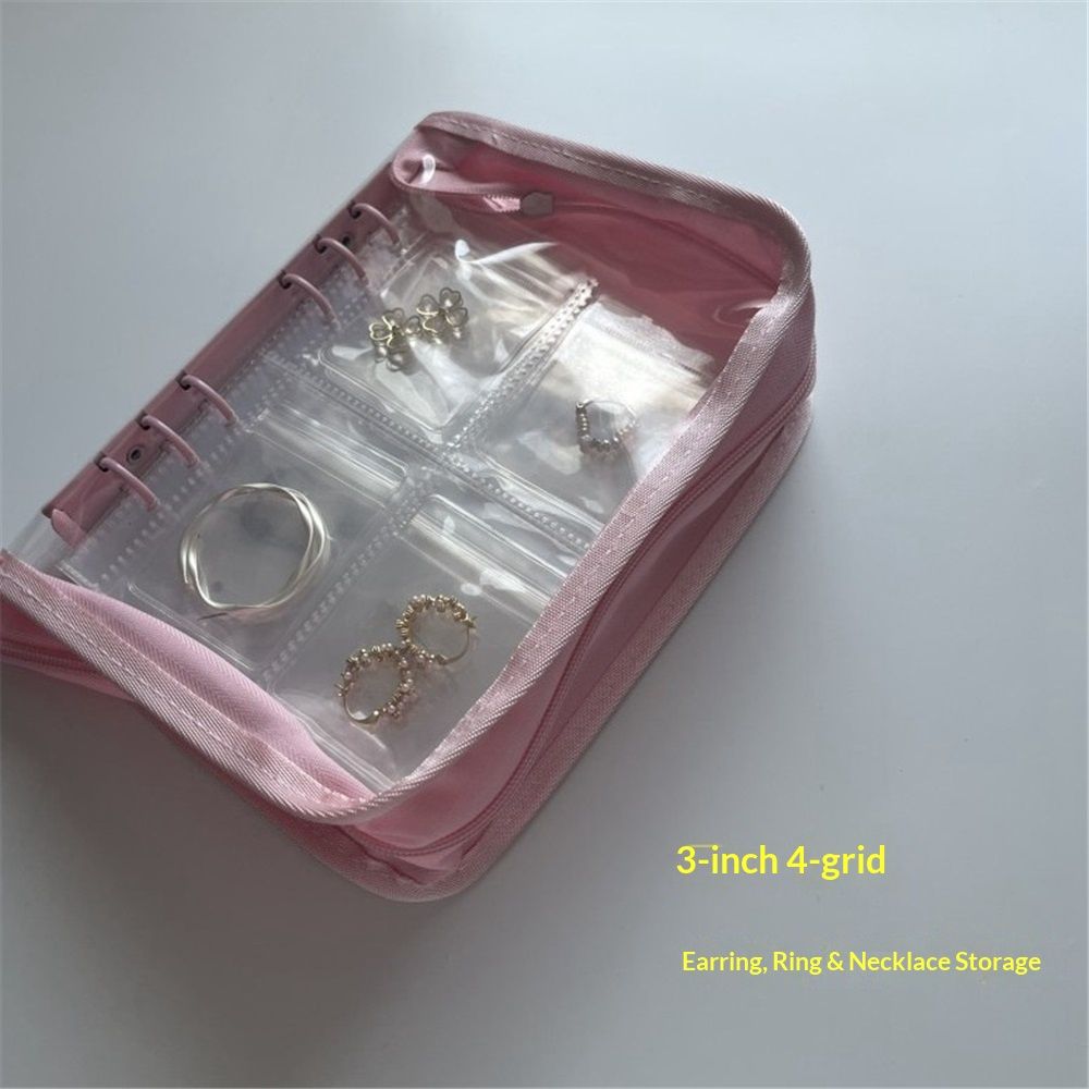 Bracelet Holder Travel Jewelry Organizer Case Transparent Jewelry Storage Book for Earring Necklace Ring with Small Clear Zippered Pouch（Pink 3-inch 4-grid+80 jewelry bags）