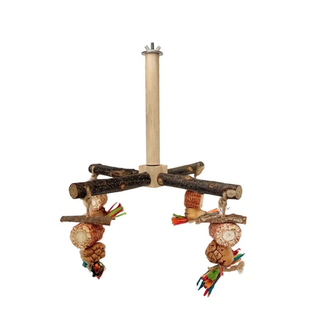 360° Rotating with Natural Chew Toys - Spinning Bird Toys Cage Accessories- Parrot Wooden Stand for Small and Medium Birds （Bite string style）