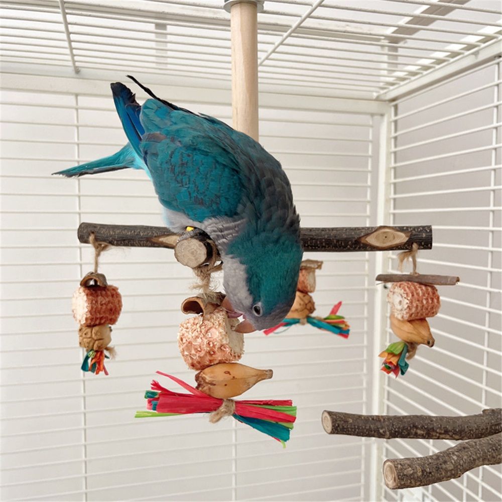 360° Rotating with Natural Chew Toys - Spinning Bird Toys Cage Accessories- Parrot Wooden Stand for Small and Medium Birds （Bite string style）