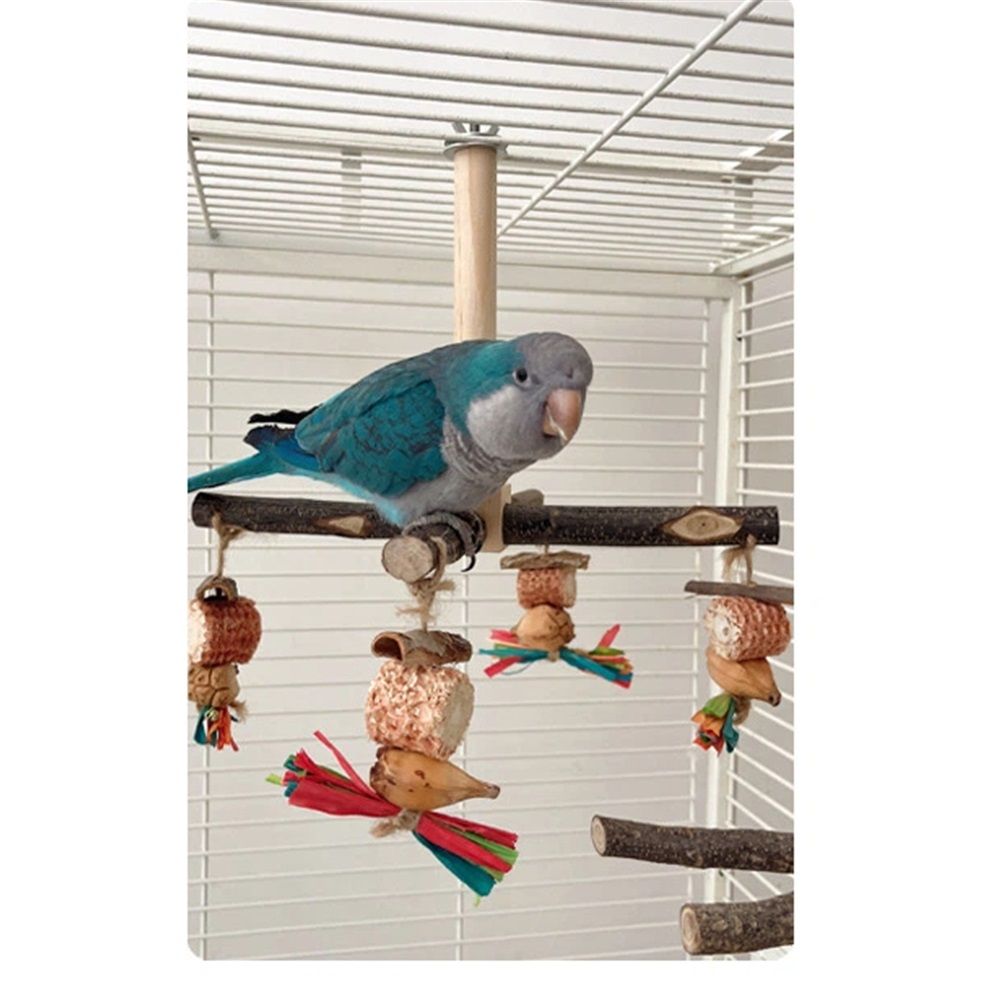 360° Rotating with Natural Chew Toys - Spinning Bird Toys Cage Accessories- Parrot Wooden Stand for Small and Medium Birds （Bite string style）