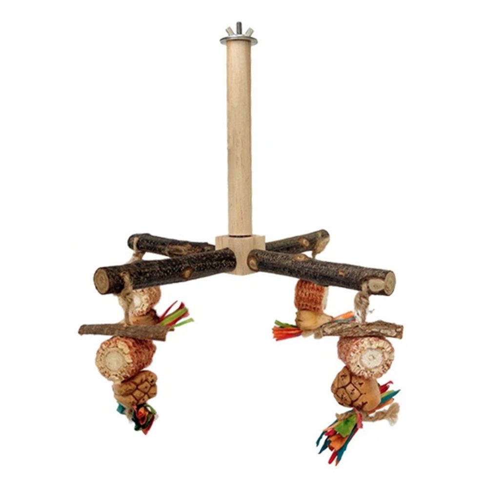 360° Rotating with Natural Chew Toys - Spinning Bird Toys Cage Accessories- Parrot Wooden Stand for Small and Medium Birds （Bite string style）
