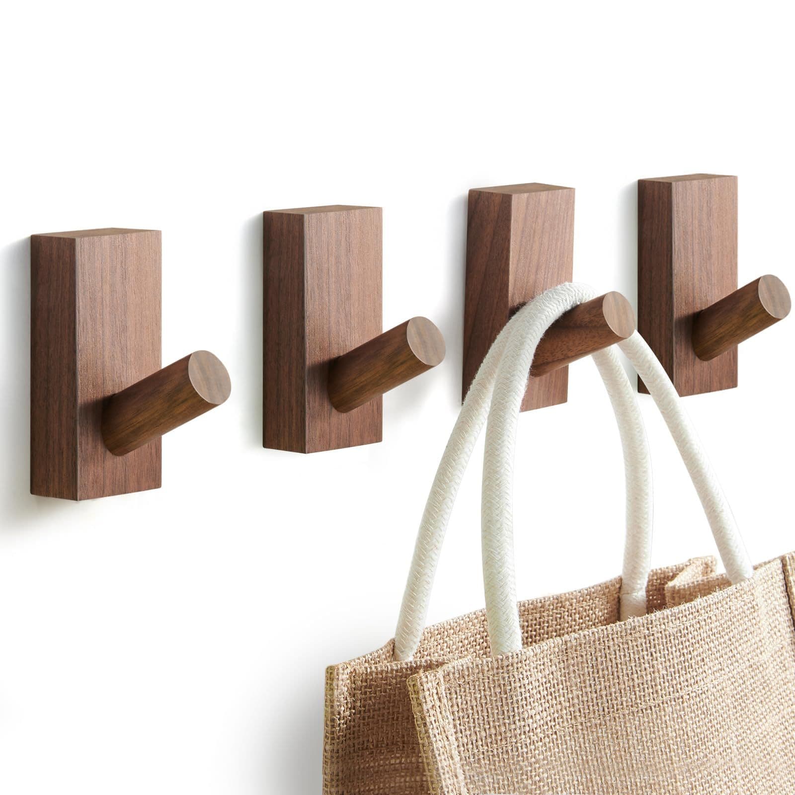 Wall-Mounted Coat Rack 4 Pack Heavy Duty Adhesive Hooks Beech Wood Black Walnut