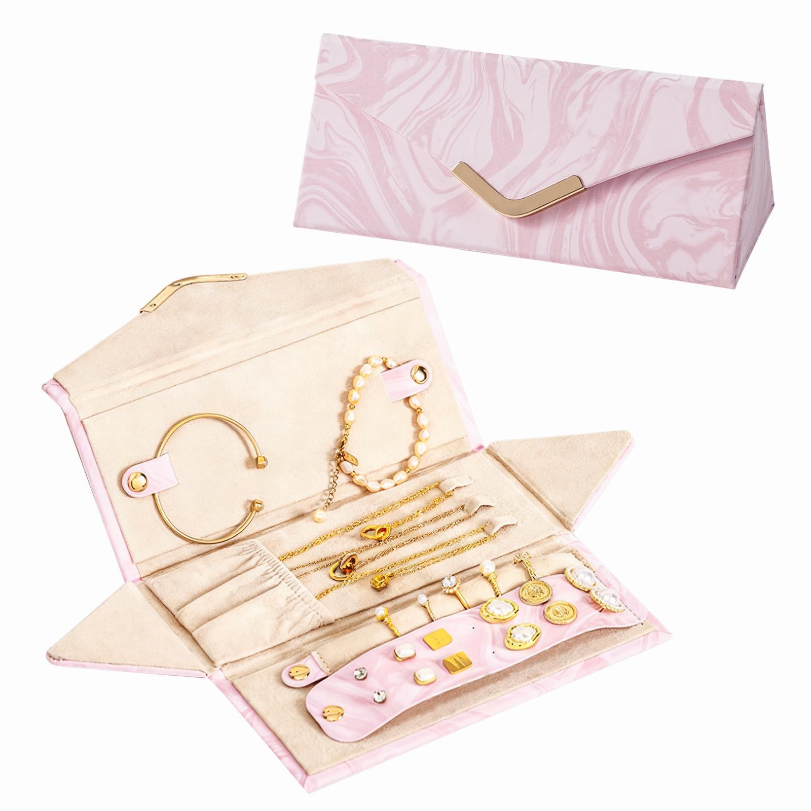 Travel Jewelry Case for Women Girls, Triangle Jewelry Box Organizer, Small Foldable Storage Holder for Necklaces Earrings Rings Bracelets（pink）