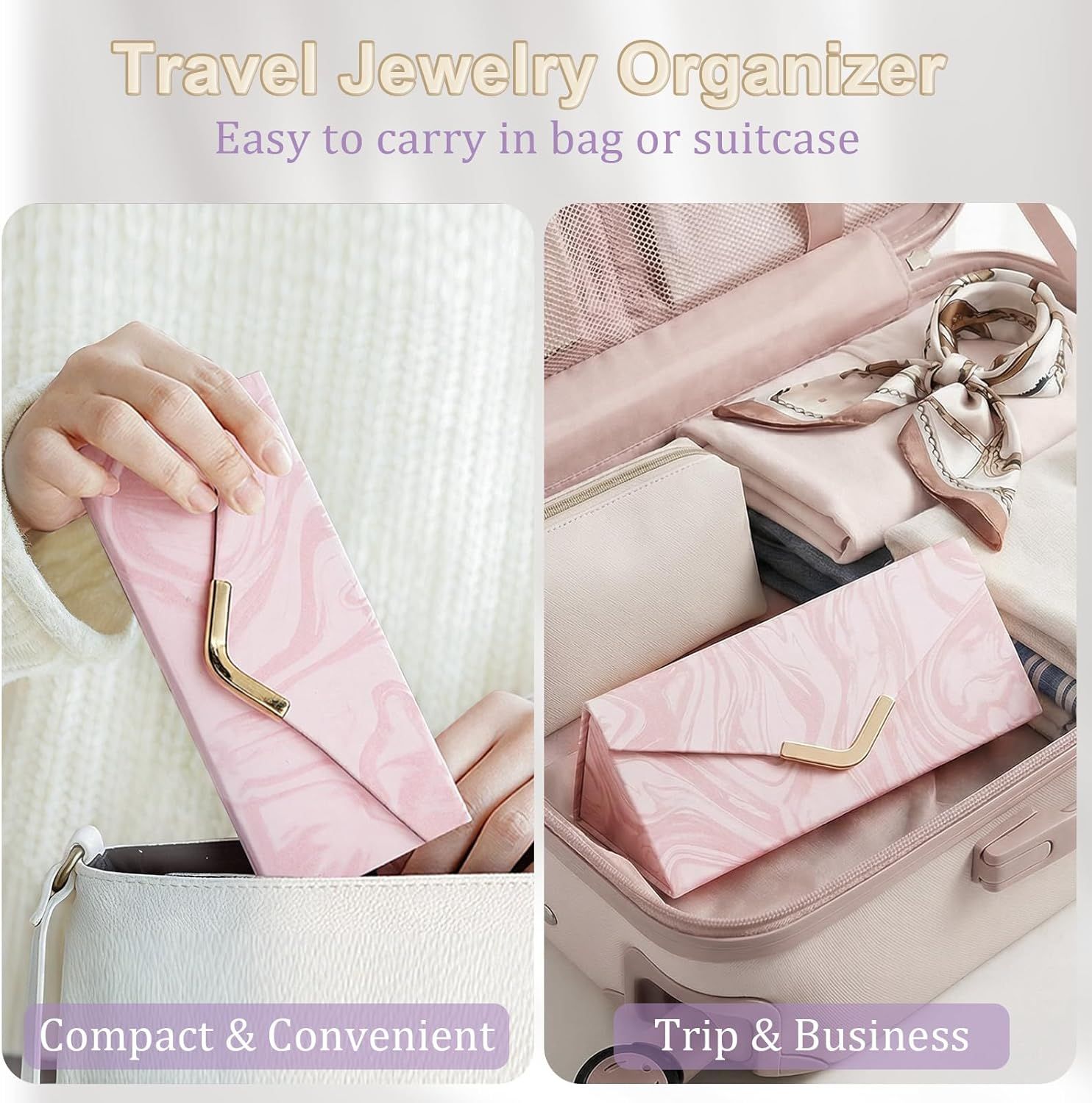 Travel Jewelry Case for Women Girls, Triangle Jewelry Box Organizer, Small Foldable Storage Holder for Necklaces Earrings Rings Bracelets（pink）