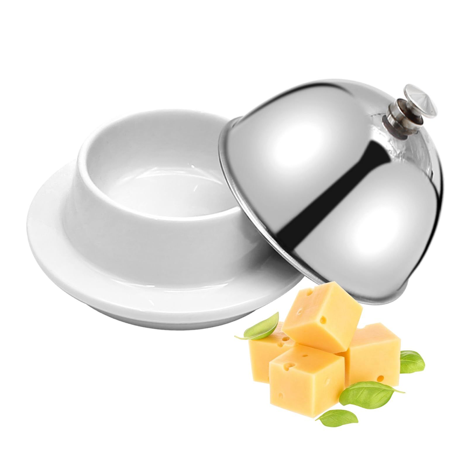 Ceramic Butter Dish with Stainless Dome Cover, Cheese Dish with Lid, Small Cheese Plate Serving Tray with Silver Handled Lid for Countertop, Dessert, Cupcake