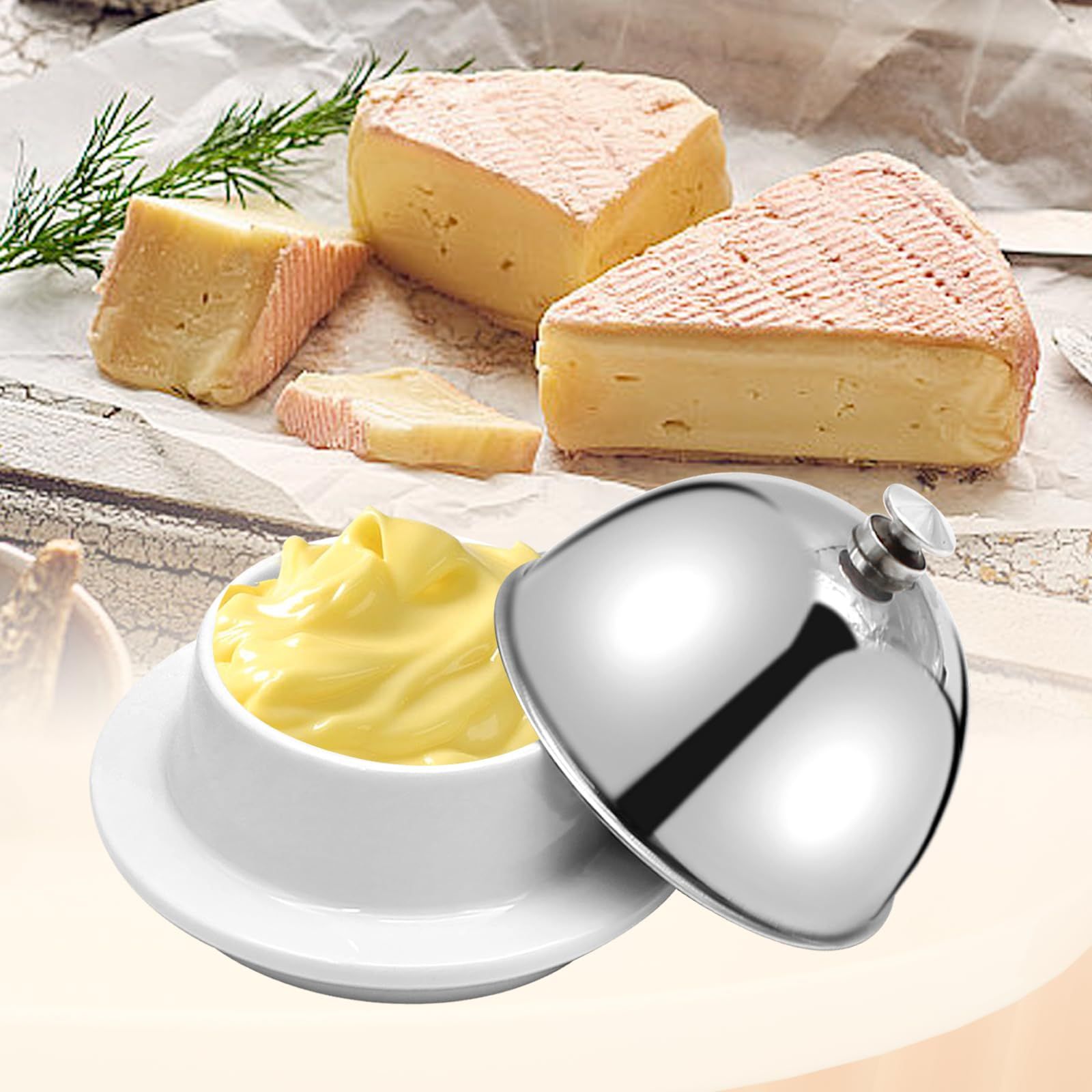 Ceramic Butter Dish with Stainless Dome Cover, Cheese Dish with Lid, Small Cheese Plate Serving Tray with Silver Handled Lid for Countertop, Dessert, Cupcake