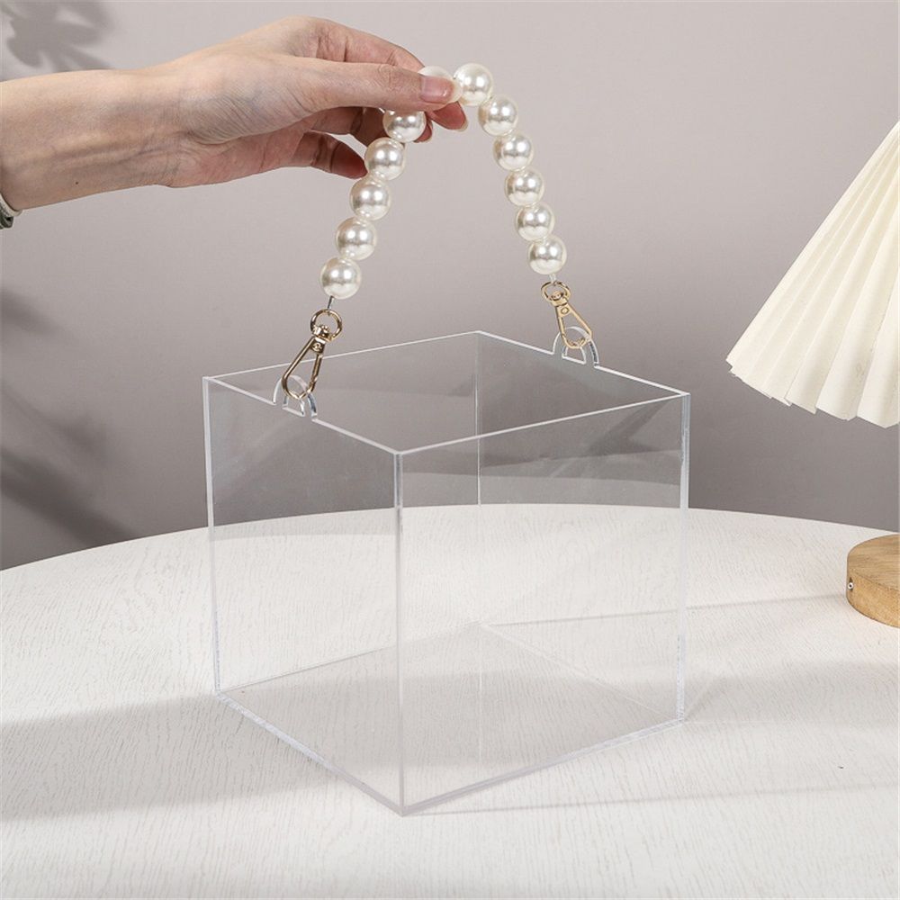 Transparent Wedding Gift Storage Girl's Flower Basket Transparent Flower Basket Wedding Pearl Handle Gift Box (12 * 12 * 12cm)