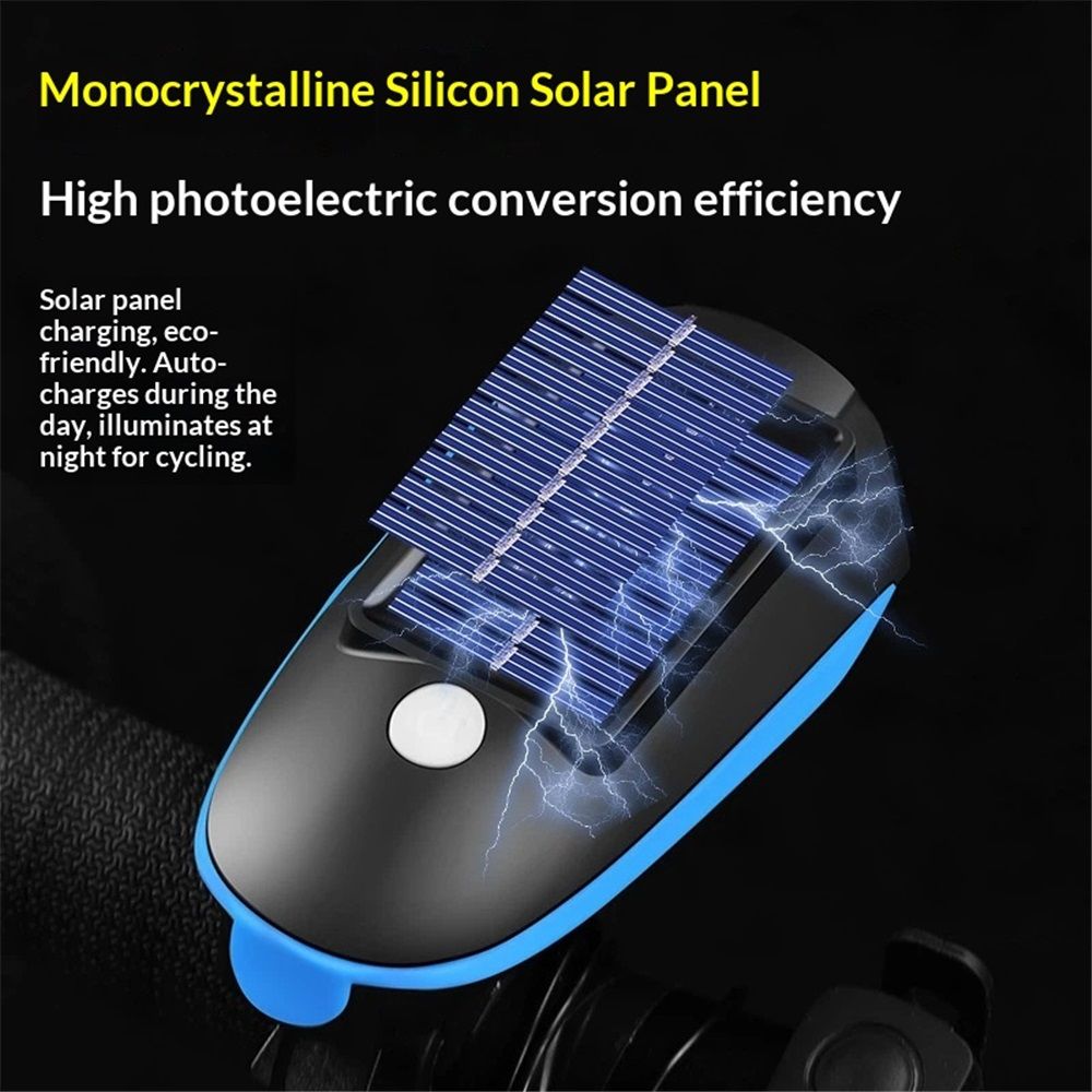 Multi-Functional Solar-Powered and USB Rechargeable Mountain Bike Night Cycling High Brightness Bike Front Light and 120dB Horn Bicycle Charging Light