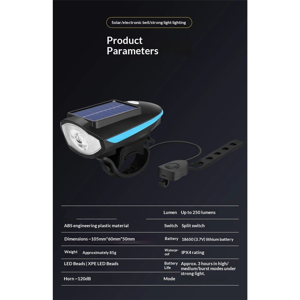 Multi-Functional Solar-Powered and USB Rechargeable Mountain Bike Night Cycling High Brightness Bike Front Light and 120dB Horn Bicycle Charging Light