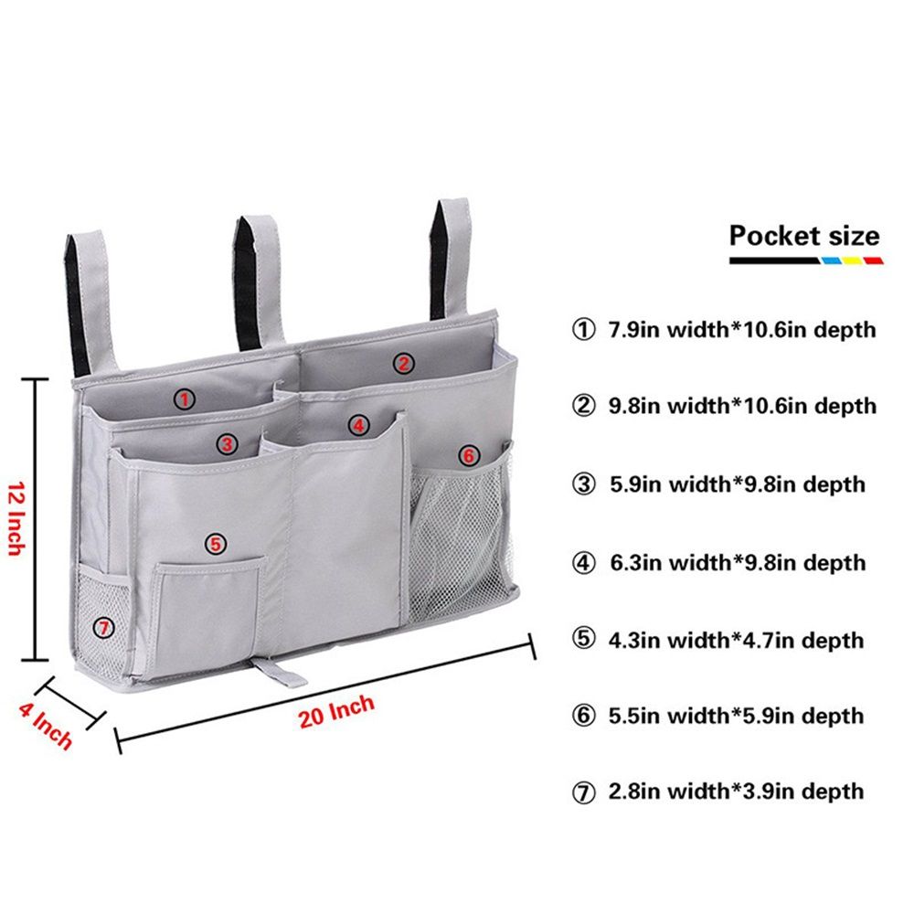 Bedside Caddy Hanging Bed Organizer Storage Bag Pocket for Bunk and Hospital Beds, College Dorm Rooms Baby Bed Rails,Camp,Gray