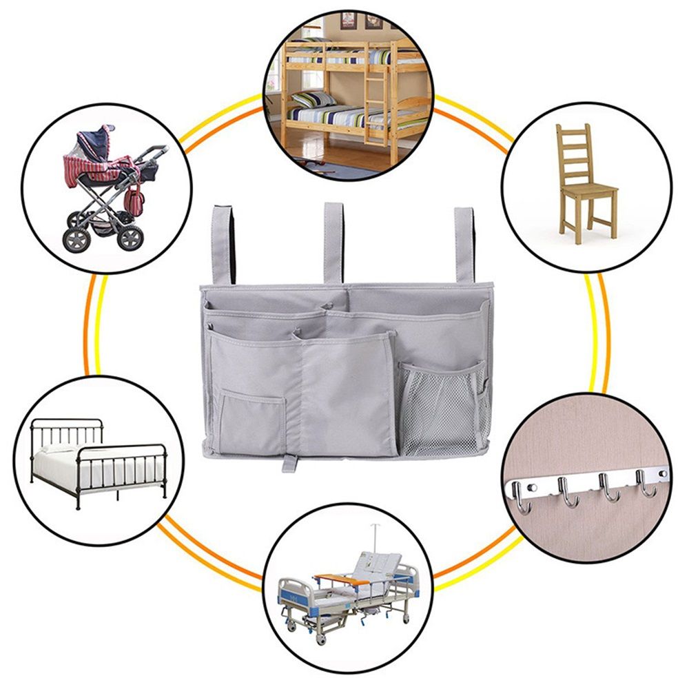 Bedside Caddy Hanging Bed Organizer Storage Bag Pocket for Bunk and Hospital Beds, College Dorm Rooms Baby Bed Rails,Camp,Gray