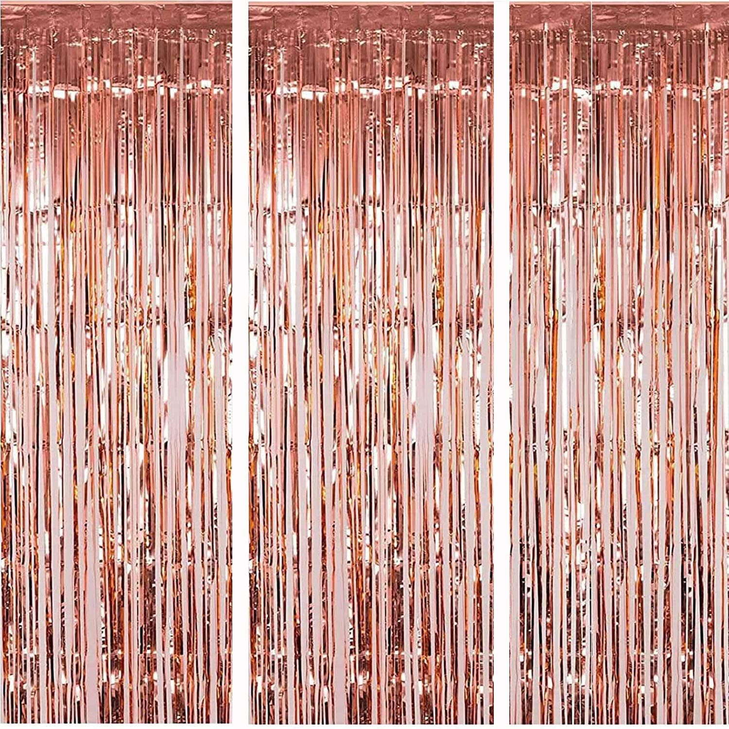 Rose Gold Christmas Foil Fringe Curtains Christmas Party Decoration, 3 Pcs 3.3ft x6.6ft Photo Booth Backdrop, Streamers Backdrop for Bachelorette Graduation Wedding Birthday