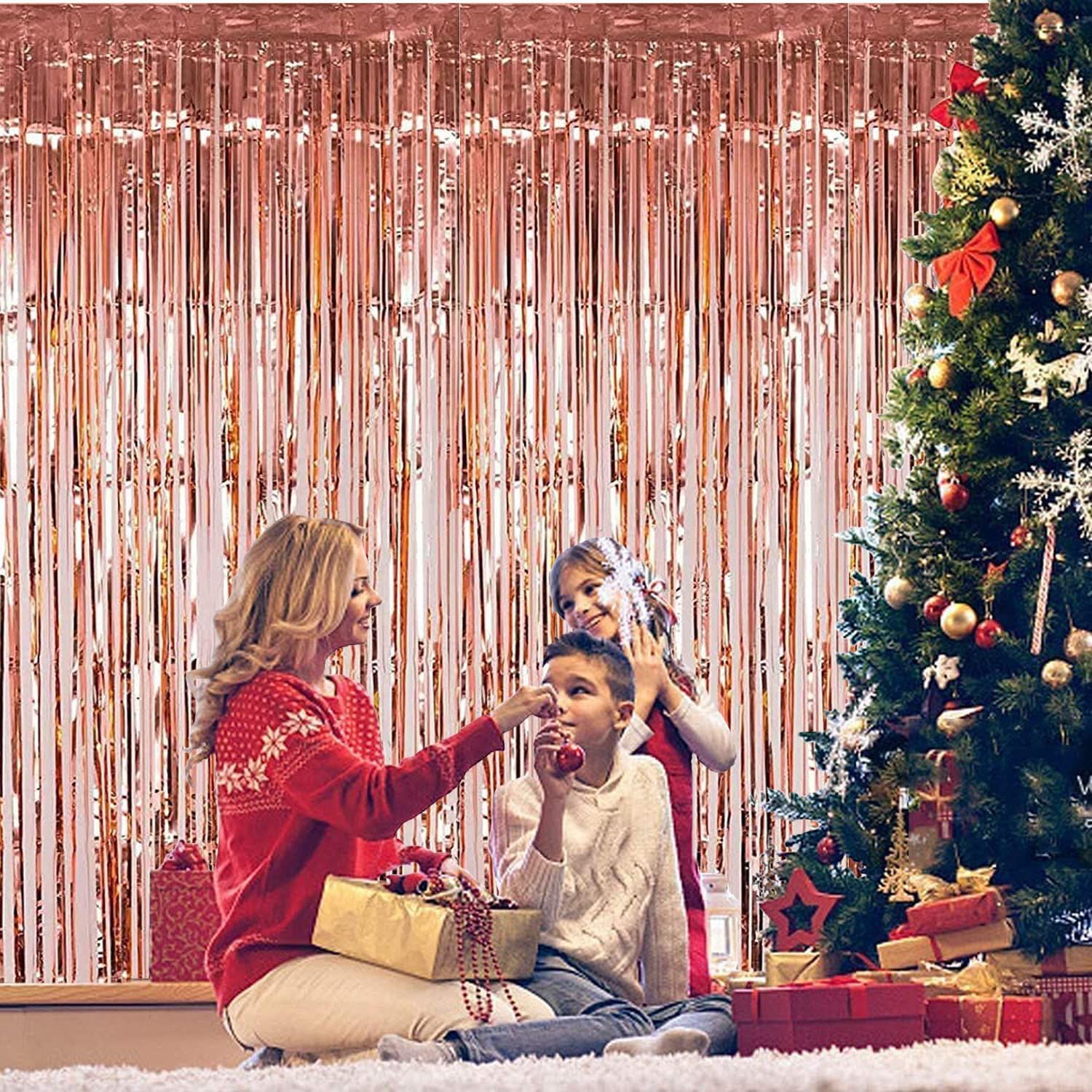 Rose Gold Christmas Foil Fringe Curtains Christmas Party Decoration, 3 Pcs 3.3ft x6.6ft Photo Booth Backdrop, Streamers Backdrop for Bachelorette Graduation Wedding Birthday