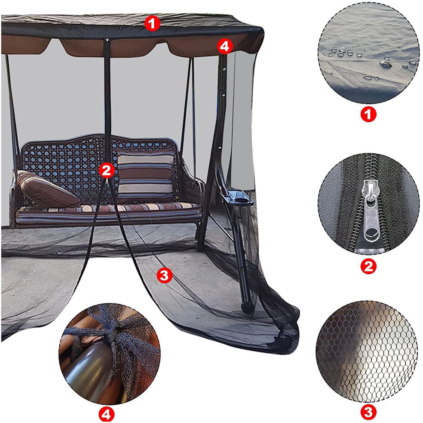 Patio Swing Mosquito Netting Polyester Mesh Screen with Zipper Opening Outdoor Swing Chair Mosquito Net for Patio (3 Seater 49.2x80.7x80.7inch,Only mesh cover)