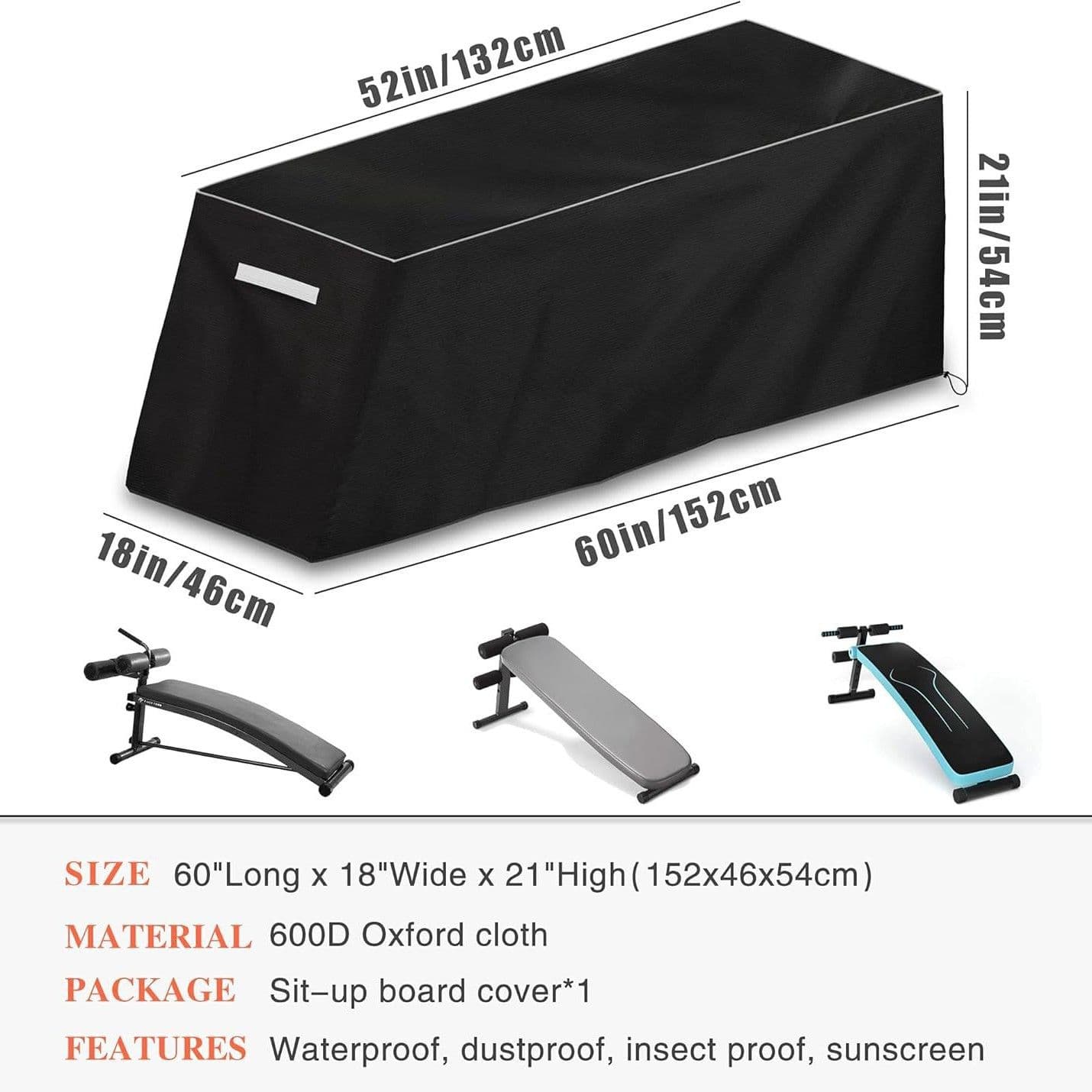 Weight Bench Cover Waterproof Heavy Duty 600D Oxford 60x18x21 Inch Adjustable with Bottom Drawstring for Indoor and Outdoor Fitness Equipment