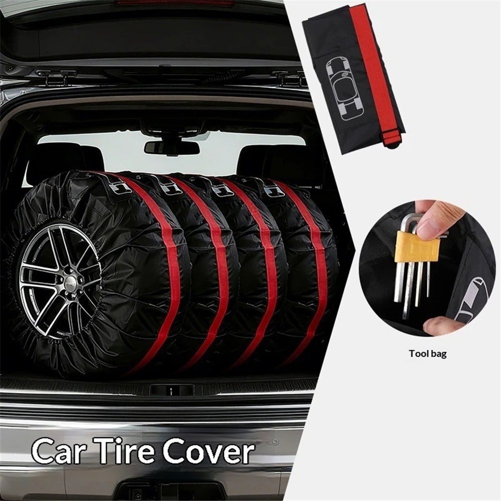 4 PCS Tire Cover, Seasonal Tire Totes, Wheel Tires Storage Bags, Waterproof Dustproof Wheel Covers Fit for 19"-23" Tyres (Diameter 80cm)-Black/Red