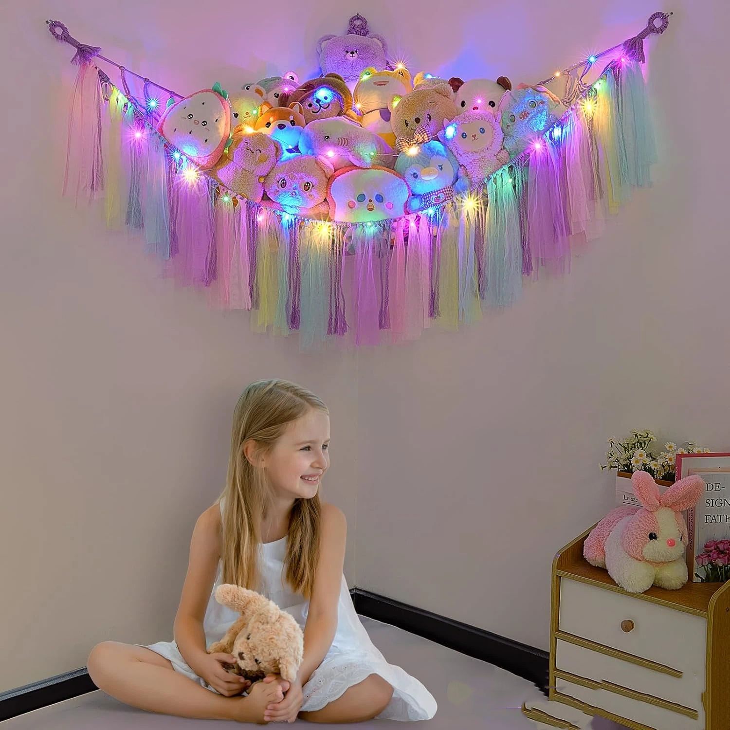 Stuffed Animals Net or Hammock, Toy Hammock Hanging Stuffed Animals Storage Organizer Holder Room Décor for Nursery Kids Bedroom（only bag,without LED strip）